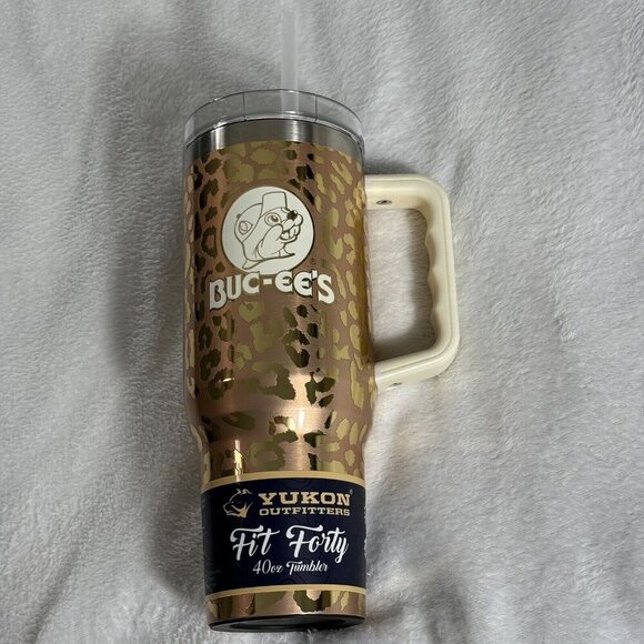 Buc-ees Yukon Outfitters GOLD Leopard/Cheetah 40oz Tumbler w/Handle & Straw - Picture 1 of 13